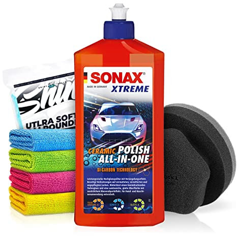 Politurset: SONAX XTREME Ceramic Polish All-in-One (500ml) Auto Politur mit Carnaubawachs + Applikator + Mikrofasetücher | mühelos und schnell zum perfekten Polierergebnis | 6-teilig