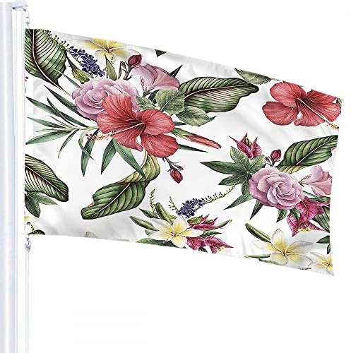 Drapeau floral 1,2 x 1,8 m Lavande Fleur d'hibiscus Feuilles de palmier tropical Drapeaux d'extérieur Grandes bannières de cour de bienvenue Décoration de jardin, pelouse, vert rouge