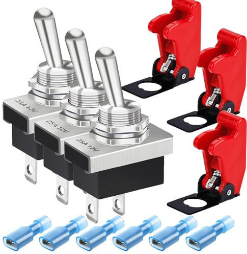 Gebildet 3Stück Metall-Kippschalter 25A 12V DC/15A 24V DC/10A 250V AC/15A 125V AC SPST EIN/Aus 2-poliger 2-Positionen-Wippschalter mit Sicherheitsabdeckung für Auto KN3D-101