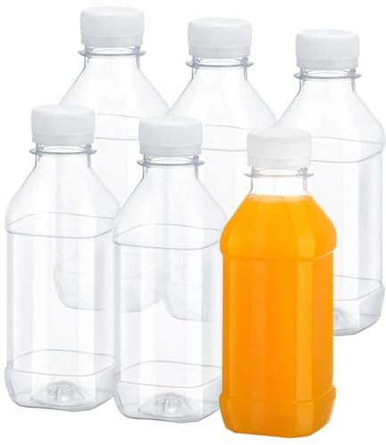 FRIUSATE 6 botellas de jugo de 230 ml cuadradas con tapas, botellas de plástico a prueba de fugas, botellas de chupito reutilizables para batidos, jugos, cerveza, leche
