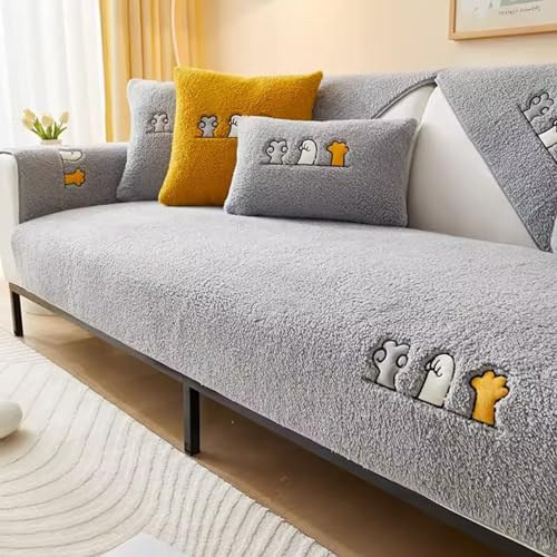 Sofaschoner Bezug Anti-Rutsch-Sofabezug Verdickung Lamm-Kaschmir-Stoff Niedliches Stickereimuster Bezug für Sitzkissen (Farbe : Grau, Größe : 70x150cm)