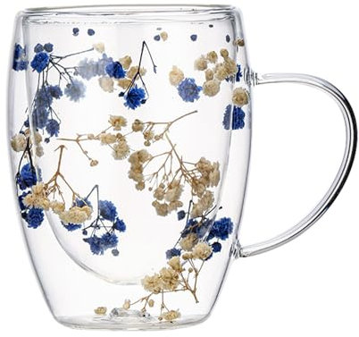 Genikeer Doppelwandige Glasbecher Tasse Mit Trockenen Blumen 350ml, Doppelwandige Gläser Latte Macchiato Mit Griff, Doppelglas Kaffeegläser Teegläser Espressogläser Mit Henkels Für Tee, Milch