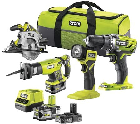 Ryobi RCK184-252S Kit 18 V One+ 4 Werkzeuge Bohrschrauber Kreissäge gerade Lochsäge LED-Taschenlampe zwei Batterien 2 und 5 Ah und Tragetasche