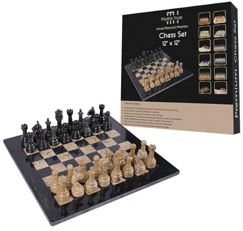 Handgefertigtes Marmor-Schachset - Schwarz & Angori (30,5 x 30,5 cm) - Schachsets für Erwachsene - Schachbretter in Premium-Qualität - Fancy Chess Boards (Black and Fossil Coral)