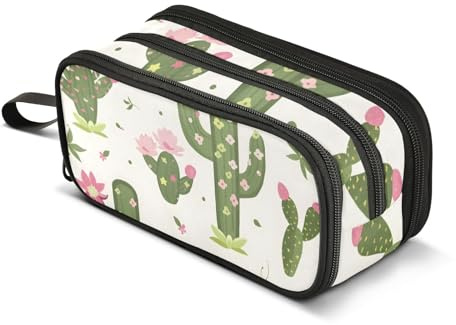 Federmäppchen mit grünem Kaktus und rosa Blumen, großes Fassungsvermögen, Stifttasche für Jungen und Mädchen, 3 Fächer, Federmäppchen, Studenten, Schreibwaren, Organizer, Marker-Etui für Schule, Büro,