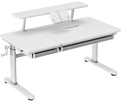 HOKO Kinderschreibtisch mit Schreibtischaufsatz für Kinder & Jugendliche | Von 54 bis 76 cm verstellbarer Tisch mit 2 Schubladen und 90x20 cm Aufsatz mit Buchstütze, Klemmmontage, Weiß, ELIN & JONA