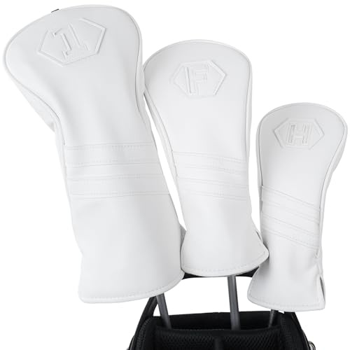 Set di 3 coperture per mazze da golf in legno, 1FH DR FW UT, per driver Fairway Hybrid con chiusura elastica n. Tag, interamente in pelle PU bianca