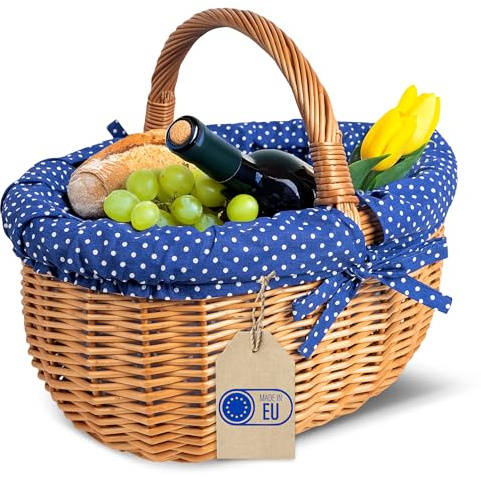 Creative Home Grande Cesto Vimini Foderato con Manico | Cesto Picnic con Bordatura Blu a Puntini | 43 x 32 x 37 cm | Cestino Portaoggetti | Grande e Leggero | Marrone Naturale | Intrecciato a Mano