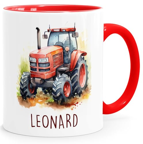 SpecialMe® Kindertasse Namenstasse Traktor Feuerwehrauto Rennwagen Auto Drache Keramikbecher Geschenk Kinder Jungen Weiss-innen-rot standard