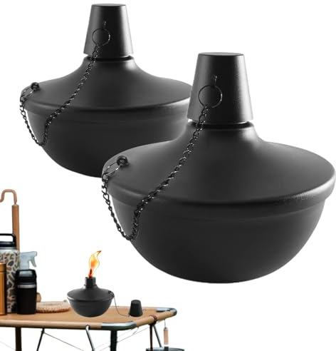 Torche à huile en acier inoxydable - Lot de 2 lampes de poche de table | Torches décoratives avec couvercles et mèches à long terme, parfaites pour l'éclairage de jardin, terrasse, patio, mariage