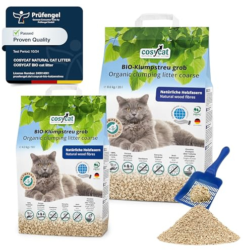 COSYCAT Clumping Wood Cat Litter, 100% Natural Wood Fibre product, dust-free (Coarse 30 l (10l+20l))