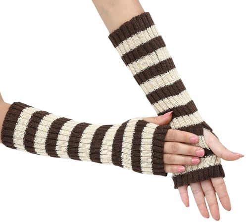 OTKARXUS Striped Women Arm Warmers,1 Pair Knitted Fingerless Gloves Mittens with Thumb Hole,Winter Warm Long Sleeve Wrist Warmers for Women Ladies Girls