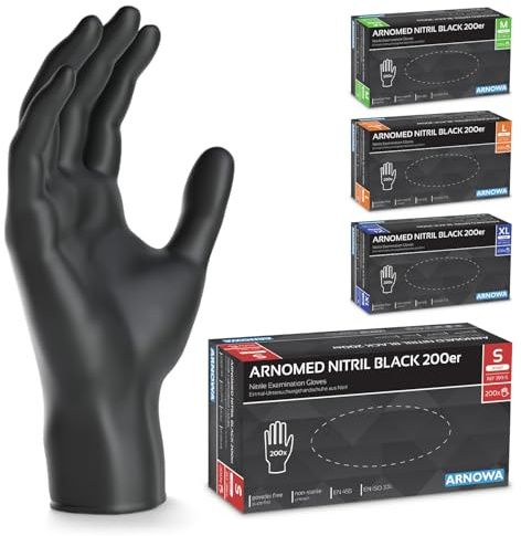 ARNOMED Guantes nitrilo negros talla S, 1000 unidades (5 cajas con 200 uds.), guantes nitrilo talla S, M, L, XL, guantes desechables, guante nitrilo desechable sin polvo, guantes de goma sin látex