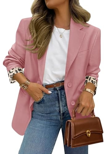 PRETTYGARDEN Womens Open Front Leopard Blazers Suit Jackets,Pink,L