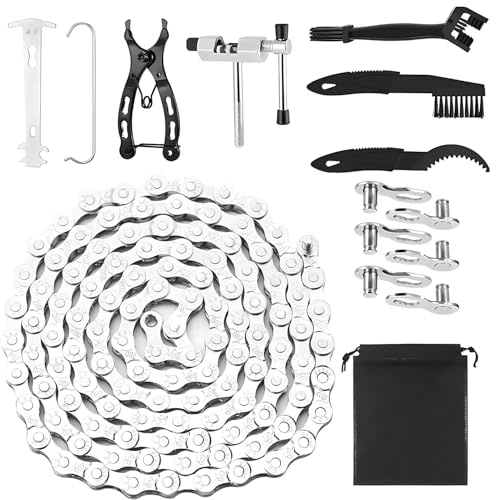 Bike Chain, 6/7/8 Speed Chain 116 Links (1/2x3/32), Bicycle Chain Tool Includes Link Plier, Cleaning Brush, Cutter & Inspection Gauge, Bicycles Splitter Link Remover Chain Repairing Tool for Road Bik