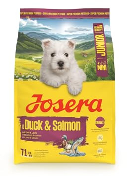 JOSERA Mini Junior Pato y salmón (1 x 3 kg) | Pienso seco de primera calidad para perros en crecimiento de hasta 10 kg | Pienso para cachorros sin gluten para un desarrollo óptimo | Croquetas pequeñas