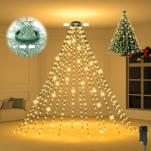 Isisyu Lichterkette Weihnachtsbaum, 3M 480er LED Christbaumbeleuchtung mit Ring, 8 Modi, Memory, Timer, 16 Girlanden Wasserdichte Tannenbaum Lichterkette Innen Außen für 200-350cm Baum