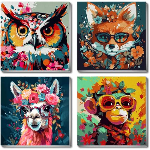 JATOK Malen nach Zahlen Erwachsene, 4er-Set, Tierporträts, 20 x 20 cm | 4 einzeln ausgestattete Malsets mit Leinwand, Acrylfarben und Pinseln; kleine Projekte für Anfänger, Paare oder Gruppen