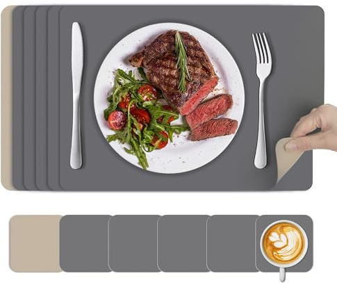 KitchenBoss Manteles Individuales Lavables y Posavasos: Juego de 6 Mantel Individuales Salvamanteles de Doble Cara PVC，Resistentes al Calor Antideslizante （43x30cm）
