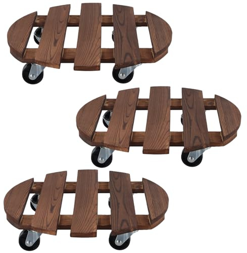 SYUTBOU 3 Stück Pflanzenroller Outdoor aus Holz, Rund 30 cm Dunkelbraun Rollbrett Pflanzen 150 Kg Tragkraft, Blumentopfuntersetzer mit Rollen und Bremse für Innen und Außenbereich