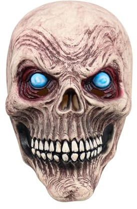 Generisch Masque tête de mort complète | Masque tête de mort en latex avec yeux LED bleues en latex extensible respirant pour carnaval, cosplay et fêtes d'horreur env. 26 x 30 cm