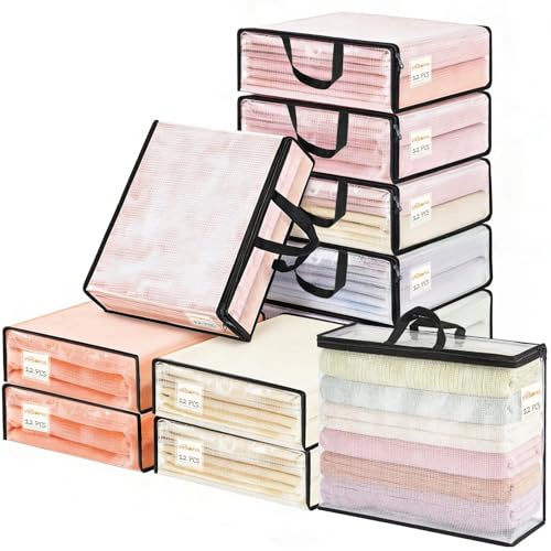 Vieshful 12 Stück Klare Aufbewahrungstaschen 22L PVC Netz, Schwarz | Mit Etikett und Reißverschluss, ideal für Kleidung, Decken, Bettwäsche, Puppe und Unterbett-Aufbewahrung