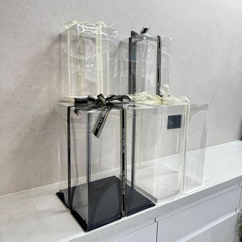 Clear Cake Box, Empty Transparent Gift Box With Base and Lid Tall Cake Gift Packaging Carrier Box for Birthdays, Weddings & Parties (Black, 17cm x 17cm x 28cm)