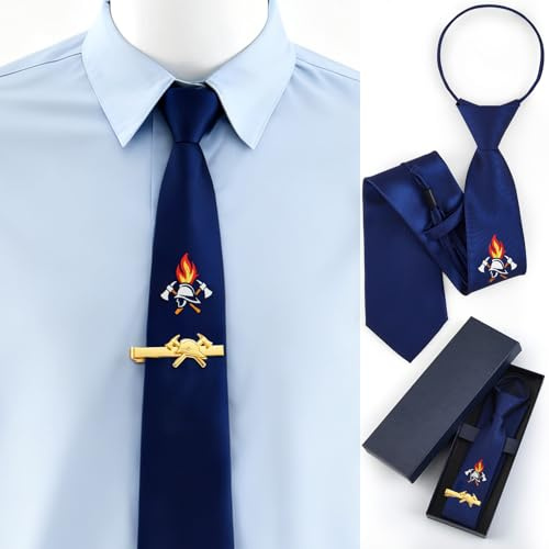 Otuuz 2 Stück Feuerwehr Geschenke für Männer Feuerwehrmann Krawatten Schlips Fertig Gebunden Krawattenklammer für Herren 1 Feuerwehr Krawatte 1 Krawattenschieber Weihnachten Jahresendgeschenk