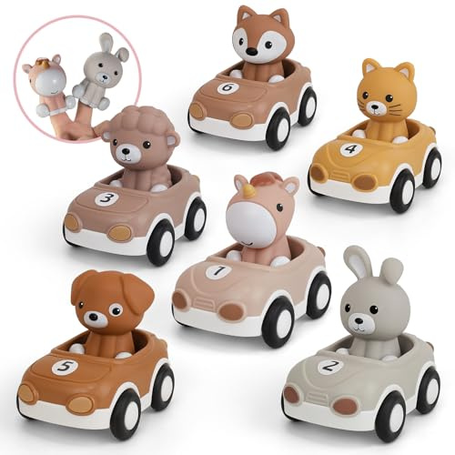 Nueplay 6er-Set Spielzeugautos mit Tierfingerpuppen für Mädchen 1-3 Jahre | Für Kind 1-3 Jahre, 2-in-1-Spielspaß,Spielerisch Farben zuordnen,MINT-fördernd: Ursache und Wirkung begreifen