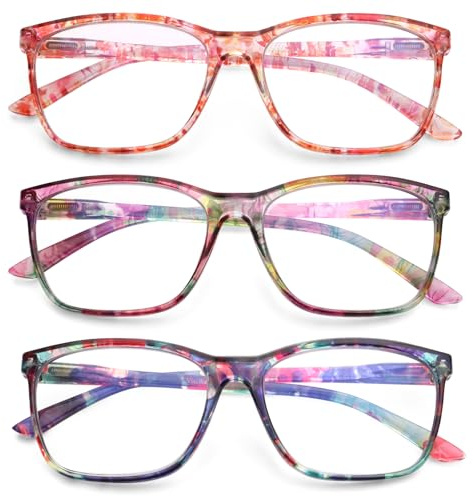 VisiWell 3 Pack Ladies Reading Glasses Blue Light Blocking Spring Hinge Fashion Pattern Print Eyeglasses for Women