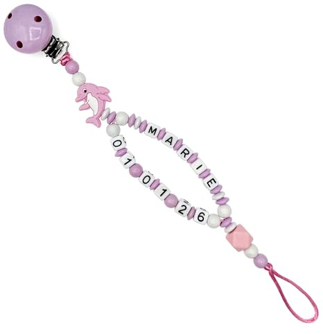 Nuckelkette mit Doppelnamen Geburtsdatum  DELFIN  Rosa Weiß/Baby/Unisex/Personalisiert/HANDMADE