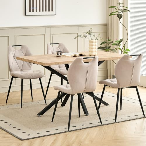GrandCA HOME Set Tavolo e Sedie da Pranzo da 5 Pezzi, Tavolo Quadrato da 140 cm, 4 Sedia Imbottita in Lino, Adatto per Cucine, Sale da Pranzo e Soggiorni (Legno Chiaro + Beige)