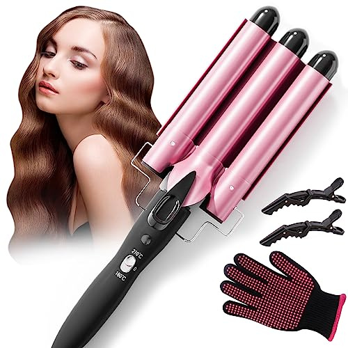 Guyisile Lockenstab 3 Fässer Welleneisen 22mm Mit 2 Clips und Handschuh | Große Welleneisen für Haare Beach Waves Lockenwickler,Turmalin Keramik Curling Iron Schnelle Erwärmung Für alle Haartypen