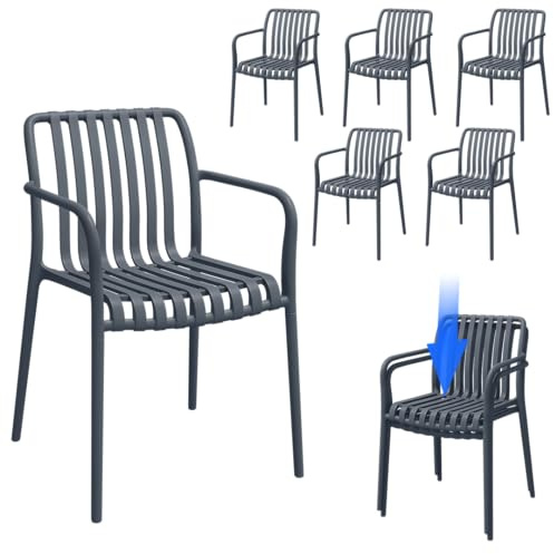 STEELSØN Pincoya Gartenstühle 6er Set, Anthrazit, stapelbar, 120kg, Outdoor | Loungesessel, wetterfest, UV-beständig, Balkonstuhl, Gartensessel aus Kunststoff, Armlehnenstuhl, Terrassenstuhl, Gartenstuhl