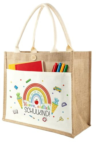 Ysound Schulanfang Geschenk Jutetasche mit Hurra Endlich Schulkind - Schulkind Schultüte Füllung Jute Handtasche, Einschulung Jute Tote Bag 26x22x14 cm, Einschulungsgeschenk für Mädchen und Jungen