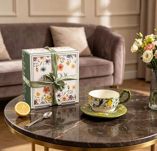 OHAANYY Taza Café Porcelana Platillo Vajilla Flores Mariposas Té Verde (Verde)