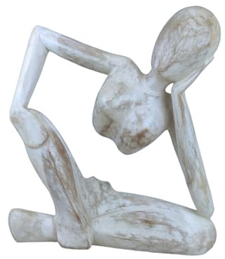 'Scultura su legno pensatore. Statua in legno XL 40 cm finitura Patina Bianca.