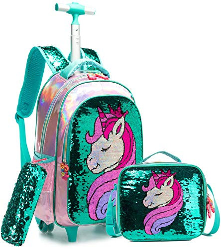 HTgroce Magische Pailletten Einhorn Schulranzen Rucksack Trolley mit 2 Rollen für Kinder Mädchen,Nylon,Kinder Schultrolley Geeignet für Schule und Reise,Mit Essensbeutel und Federmäppchen,Grün