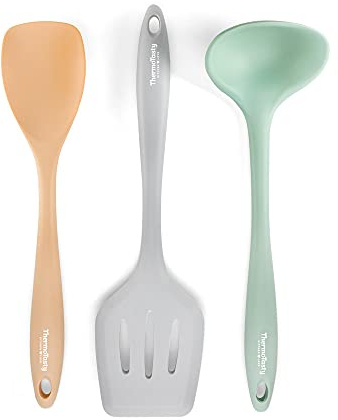 ThermoTasty Silikon Küchenhelfer 3er-Set Pfannenwender Suppenlöffel Suppenkelle Spatel geeignet für den Thermomix® zum Umrühren, Mixen, Wenden, Unterheben, Dekorieren, Glattstreichen