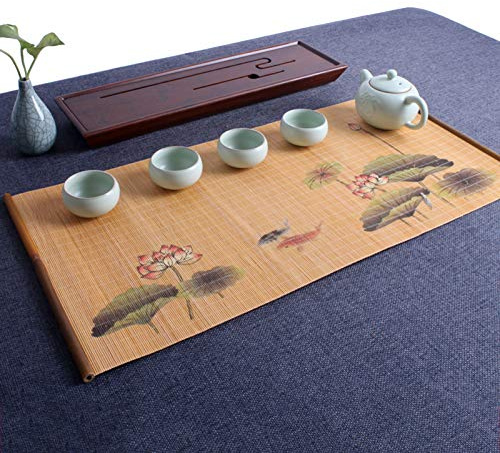 MMQGQ Natürliche Bambusmatte, Japanischer Tischläufer, rutschfeste Teematte, Tischset Mit Rechteckigem Teevorhang-Tischdekor (Lotusmuster)(Size:30×95cm)