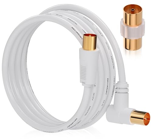 RELIAGINT TV-antennkabel 1,5 m – TV-koaxialkabel i ren koppar med dubbel avskärmning för stark signal – rak eller rät vinkel – hona adapter ingår – brandbeständiga antennkontakter