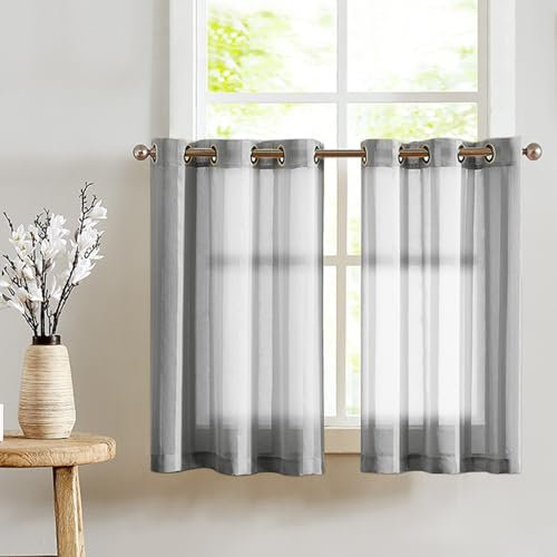 TOPICK Voile Scheibengardinen mit Ösen H 60 x B 90 (cm) 2er Set Transparent Bistrogardine Landhausstil Streifen Küchenvorhang Gestreift Küchengardinen modern für Wohnzimmer Klein Fenster Grau