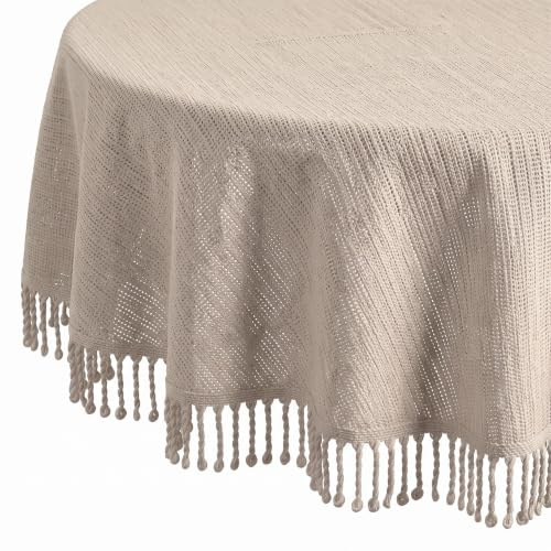 Tischdecke Outdoor Wetterfest Rund - Gartentischdecke Rund 160 cm Beige | Rutschfest & UV-Beständig in 7 Farben mit Fransen - Weichschaum PVC Tischdecke Abwaschbar & Waschbar bei 30°C