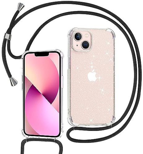 Tikgue Handykette für iPhone 13 Hülle mit Band, Handyhülle mit Kordel zum Umhängen Schutzhülle mit Kette Glitzer Transparent Weich TPU Silikon Bumper - Schwarz