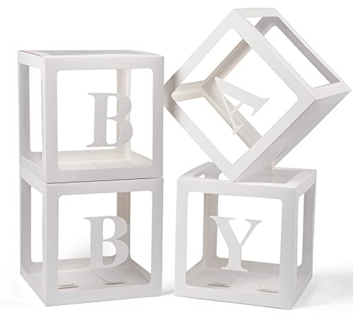 Voircoloria Baby Boxes with Letters, 4 Transparent Balloon for Gender Reveal Birthday Wedding Baby Shower Decorations (White)