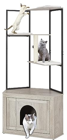 unipaws Árbol para gatos con caja de arena esquinera, moderna torre para gatos oculta con poste rascador y percha suave, casa de madera para gatos con múltiples plataformas
