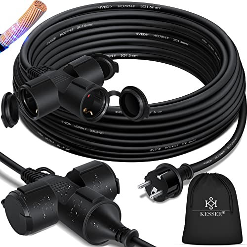 KESSER® Verlängerungskabel 15m Mehrfachstecker mit 3 x Schuko Stecker mit Schutzkappe - Outdoor - für Innenbereich Außenbereich - Verlängerung Verteilerkabel – 230 V IP44 - Baustellenkabel Stromkabel