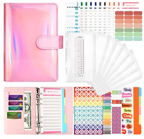 Budget Planner, LTZGO A6 Budget Binder Sparbuch mit Geldfächer und Aufkleber, Laser-PU-Leder Budgetplaner Geld Organizer Cash Stuffing Umschlagmethode mit Folien für Finanzplaner 84PCS (Rosa）