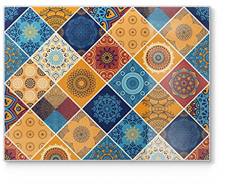 DEQORI Schneidebrett aus Glas | groß 40x30 cm | Motiv Viereckiges Fliesendekor | Design Schneideplatte für Küche | Frühstücksbrett antibakteriell & rutschfest | Glasplatte & Servierplatte