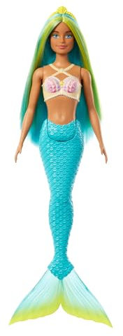 Barbie Meerjungfrau-Puppe mit fantasievollem zweifarbigem Haar in Blau und Gelb, Haarband, Puppe mit Muscheloberteil und türkisfarbener Schwanzflosse, HRR03